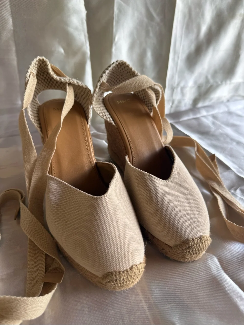 Mango Beige Canvas Espadrille Wedge Sandals with Ankle Wrap